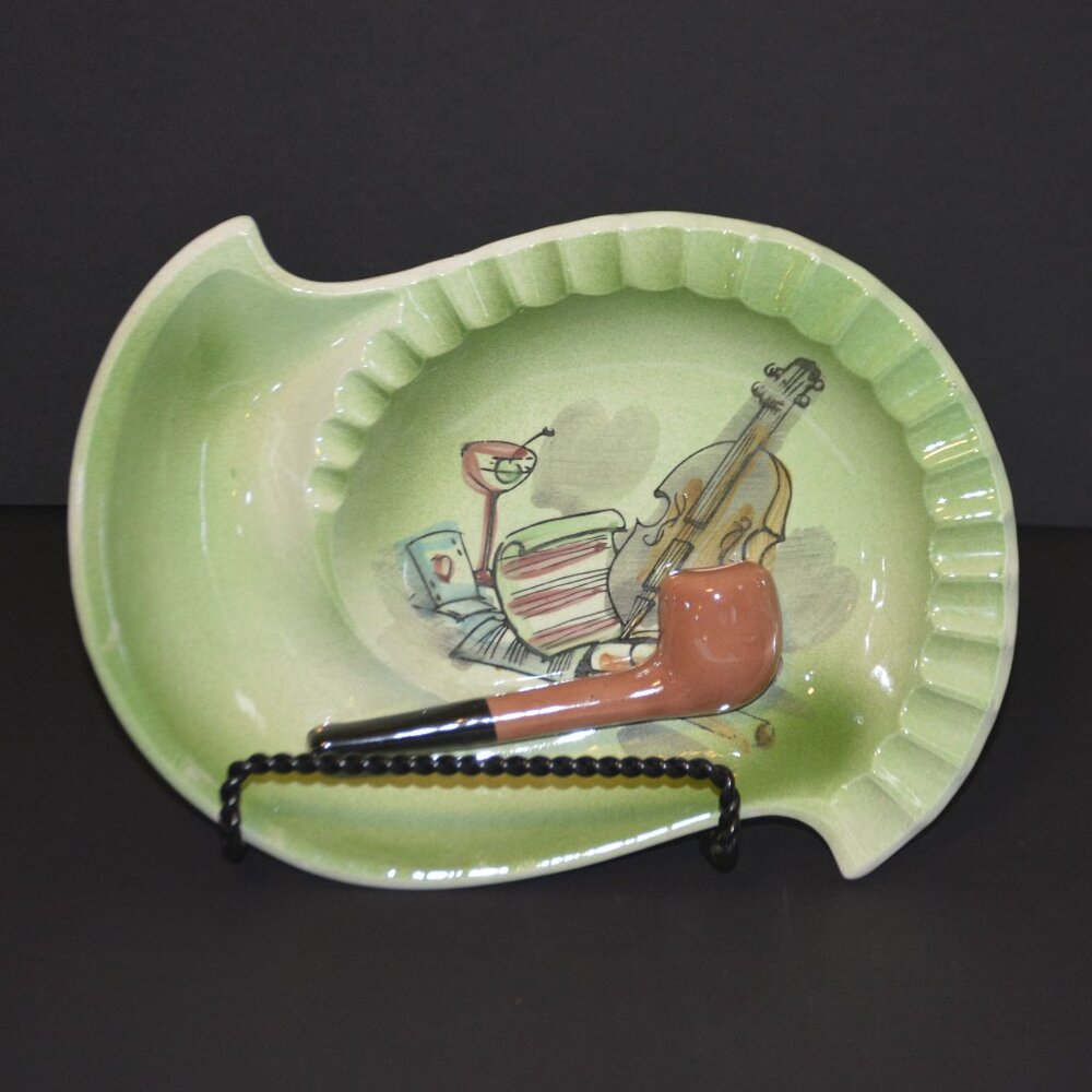 Vintage Ceramic Ashtray with painted Martini Glass, Violin, and Card